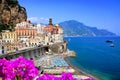 Scenic Atrani village along the Amalfi Coast of Italy with flowers and blue sea Royalty Free Stock Photo