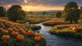 Autumnal Pumpkin Patch by the River at Sunset Royalty Free Stock Photo