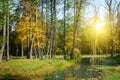 Scenic autumn landscape: park, lake and sunset Royalty Free Stock Photo