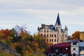 Scenic autumn landscape view of Andrew descent Podil neighborhood. The Richard`s Castle-Lion Heart