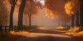 Scenic Autumn Retreat: Trees, Sunset, Roads, and Grass