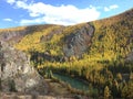 Scenic autumn view of mountain river valley. Autumn landscape. Chuya river. Altai Mountains