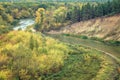 Scenic autumn winding valley Hoper river. Picturesque nature floodplain, sandy cliff edge background Aerial view Royalty Free Stock Photo