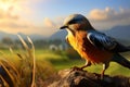 A scenic backdrop showcases a male kestrel in flight, blurred