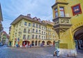 Scenic balcony and the arcades of the medieval townhouse on the crossroad of Kramgasse and Hotelgasse, Bern, Switzerland