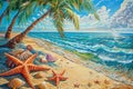 Scenic beach with palm tree and starfish on sand Royalty Free Stock Photo