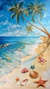 Scenic beach with palm tree and starfish on sand Royalty Free Stock Photo
