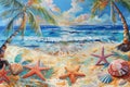 Scenic beach with palm tree and starfish on sand Royalty Free Stock Photo