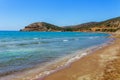 Scenic beach in Prasonisi on Rhodes island, Dodecanese, Greece. Panorama with nice sand beach and clear blue water. Famous tourist Royalty Free Stock Photo