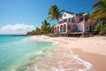 Scenic beach view with elegant palm trees and beach house, best summer image