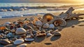 Seashells, Pebbles, and Driftwood on a Sandy Beach at Sunset for Summer Holiday Memories Royalty Free Stock Photo