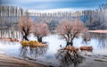 Scenic beautiful fall autumn lake landscape scenery at sundown