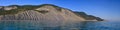 Scenic Black Sea coast landscape by Utrish, Anapa, Russia on blue sky sunny day. Wide angle panorama Royalty Free Stock Photo
