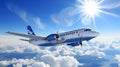 Scenic Blue Sky with Puffy White Clouds and a Cargo Plane Flying Under the Radiant Sun