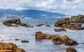 Scenic Breaker Bay with the Interislander ferry in the background in Wellington, New Zealand