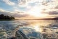 Scenic bright vibrant blue to red warm sunset evening time landscape with motorboat swirl trace on water surface of lake Royalty Free Stock Photo