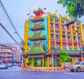 The scenic building in Chinatown, decorated with typical Chinese pagoda roofs on its facade, on May 12 in Bangkok, Thailand
