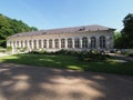 Scenic building of old orangery in baths park in Warsaw european capital city of Poland in 2019 in May.