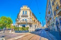 The scenic building on Via San Marco in Brera district, on April 5 in Milan, Italy