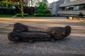 Scenic carved wooden memorial seat in front of National Theatre in London