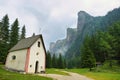 Scenic chapel and mountains in Puez-odle nature park in the dolomites, Italy Royalty Free Stock Photo