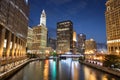 Scenic Chicago River Riverwalk at Night in Chicagio, Illinois Royalty Free Stock Photo