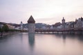 Scenic city and historic city center view of Lucerne with famous Chapel Bridge and lake Lucerne