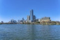 Scenic city skyline in Austin Texas with Colorado River and luxury apartments Royalty Free Stock Photo