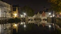 Scenic city view of Bruges canal at night Royalty Free Stock Photo