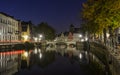 Scenic city view of Bruges canal at night