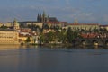 Scenic cityscape view of medieval Prague. Panorama of ancient Prague Castle and Saint Vitus Cathedral with Vltava River