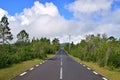 Scenic clean quiet tranquil road in rural or outskirt area with green trees and blue sky Royalty Free Stock Photo