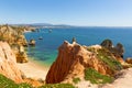 Spectacular views and secluded small beaches on Algarve coastline in Portugal.