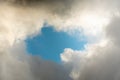 Blue sky behind dark storm clouds background texture, thunderstorm Royalty Free Stock Photo