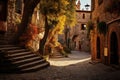 A scenic cobblestone street with steps that ascend to a magnificent tree, An old, winding, cobblestone street in a small Italian