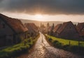 Scenic countryside road leading to quaint village with charming small houses, AI-generated. Royalty Free Stock Photo