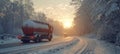 Scenic countryside road at sunset with a massive fuel tanker truck in motion, transporting goods