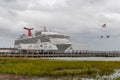 Scenic cruise ship vista in Charleston bay on a heavily overcast rainy day