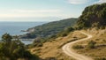 A scenic dirt road winding along the side of a hill, offering panoramic views of a nearby body of water, View from Cape Kaliakra