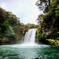 Scenic display of the Tawhai Falls, Gollums Pool water flowing down to the turquoise pool