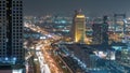 Scenic Dubai downtown architecture night timelapse. Top view over Sheikh Zayed road with illuminated skyscrapers and Royalty Free Stock Photo