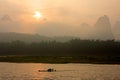 Early morning view over the misty Li-river and limestone hills, Yangshuo, China Royalty Free Stock Photo