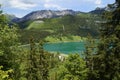 emerald-green alpine lake Haldensee in Austrian Alps of the Tannheim valley or Tannheimer Tal, Tirol, Austria