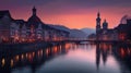 Scenic evening panorama view of the Old Town, Dramatic scene with river and Jesuit church. generative ai