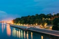 Scenic Evening View Of Sozh River, Illuminated Embankment, Park,