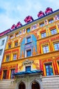 Scenic facade with historic wall frescoes of old Hotel de Balances, on March 30 in Lucerne, Switzerland