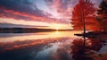 Scenic fall autumn lake side landscape of trees during sunset