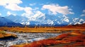 Scenic fall landscape with snow-capped mountains in Denali National Park Royalty Free Stock Photo