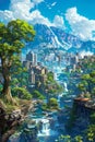 Scenic Fantasy Cityscape with Waterfall, Rivers, and Lush Greenery Digital Art Illustration