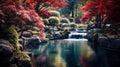 Scenic fantasy waterfall with autumn trees and beautiful flowers in idyllic landscape